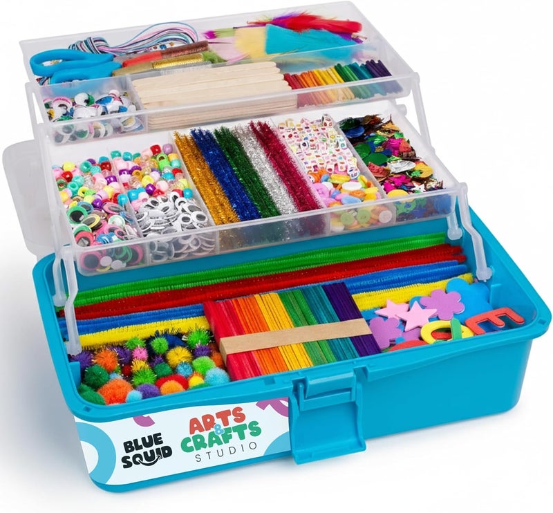 Blue Squid Arts & Crafts Box (Blue)- 2800+ pcs Deluxe Craft Supplies Box, 2 Drawers, 18 Compartments, Sturdy Handle - Art Crafting Kit Birthday Gifts for Kids, School Supply for Ages 4-12 - Image 1